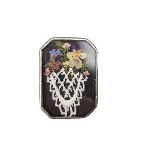 Hand Crafted Pressed Dried Flowers Crochet Basket Brooch Behind Glass